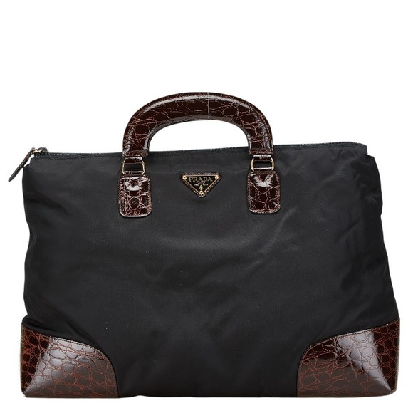 Prada triangular leather brown nylon black crocodile handbag - Picture 1 of 8